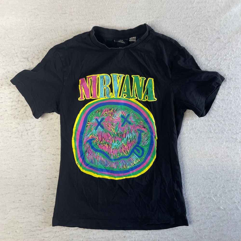 H&M Nirvana T-Shirt Mens XS Black Smiley Face Graphic Band Tee